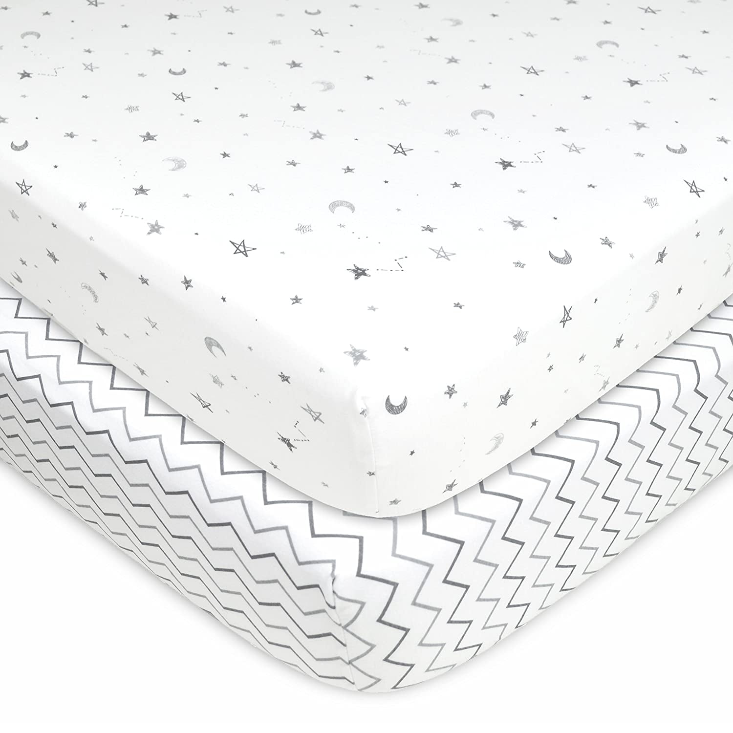 American Baby Company 2 Pack 100% Natural Cotton Fitted Pack and Play Sheets 39" x 27" - Soft & Breathable Pack N Play Sheets for Playard & Mini Crib Mattress, Grey Stars/Zigzag, for Boys & Girls