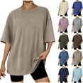 thumbnail image 3 of Fmbrln Womens Summer Short Sleeve T-Shirts Fashion Crew Neck Solid Color Tops Casual Loose Vacation Beach Comfy Tees, 3 of 4