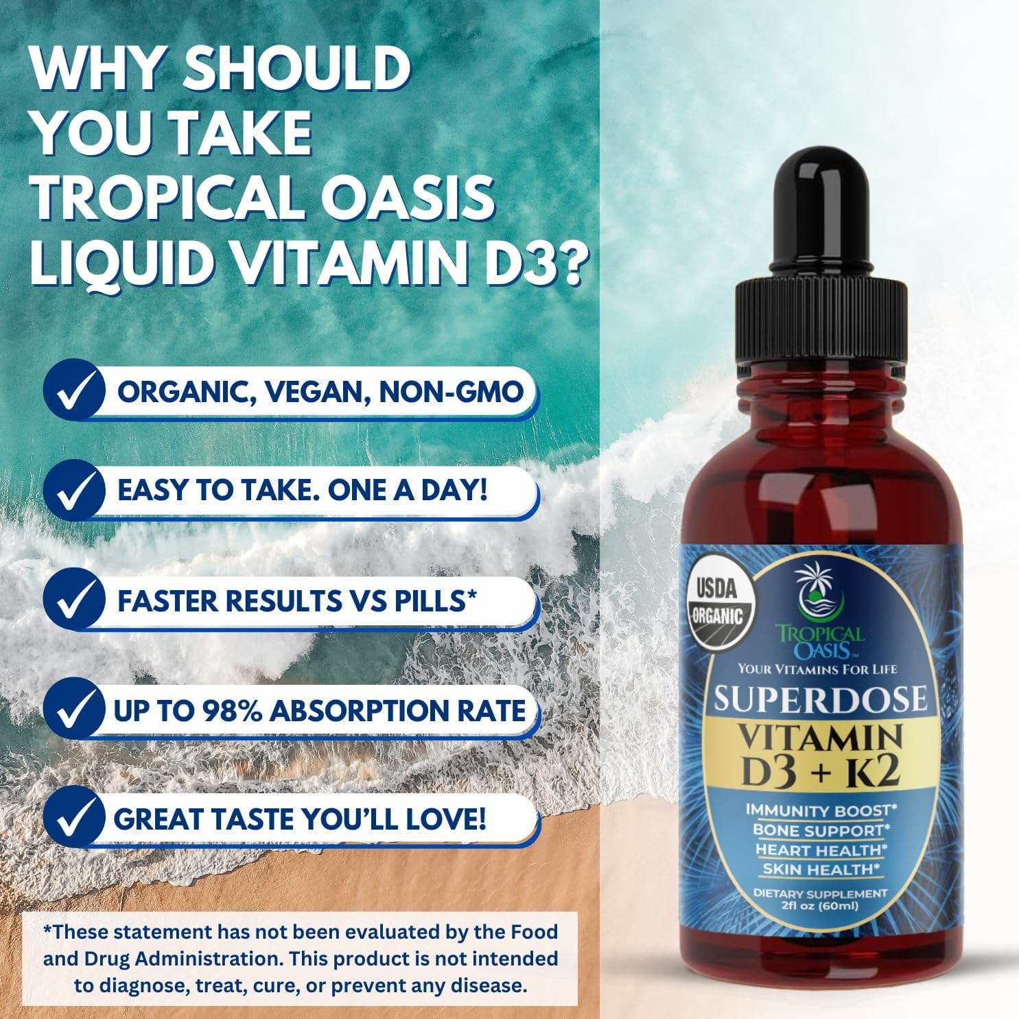 Tropical Oasis USDA Organic Superdose Vitamin D3 + K2 Drops for Adults, Liquid Vitamin Supplement for Immunity Boost, Bone Support, Heart & Skin Health, Tropical Fruit, 2 fl oz, 60 Servings