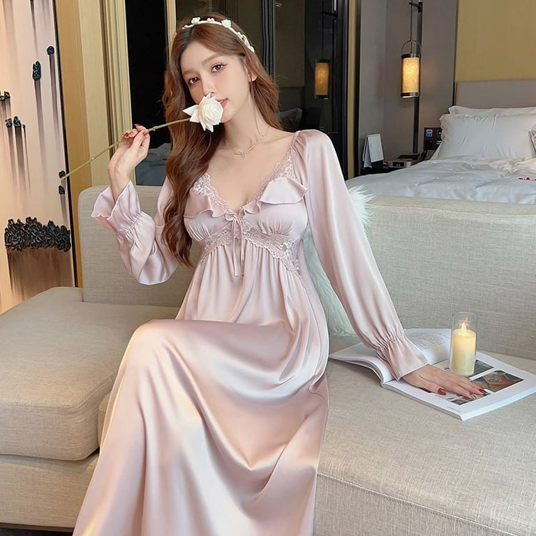 Womens Low Cut V Neck Hollow Sexy Nightdress Casual Nightgown Comfortable Lace Solid Pajamas Female Spring Autumn Home Clothing Walmart