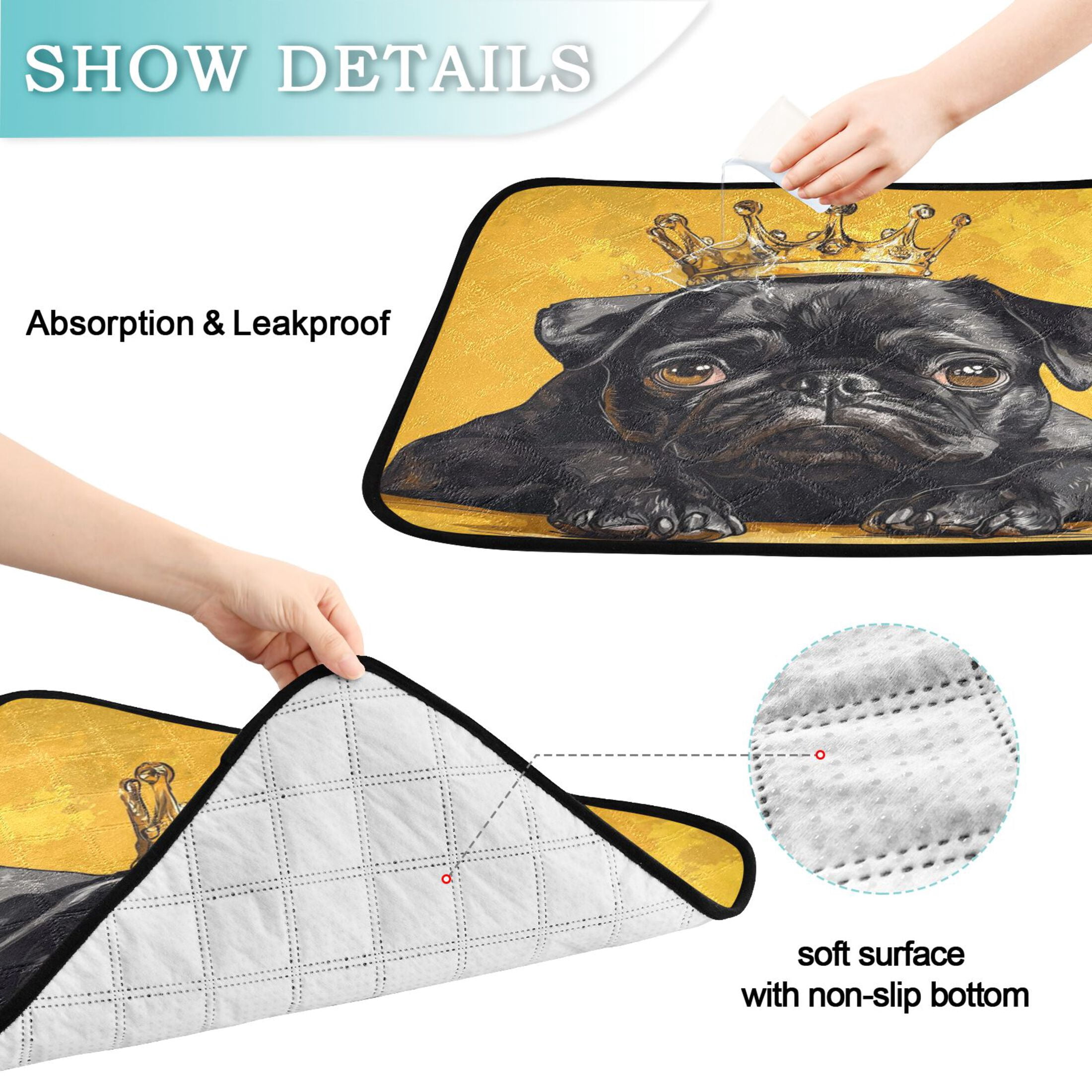 Qxltty Crown Black Pug Dog Cat litter Pads Pet Set of 3 Diaper Mats Center Anti-leakage Layer Absorbent Soft and Comfortable