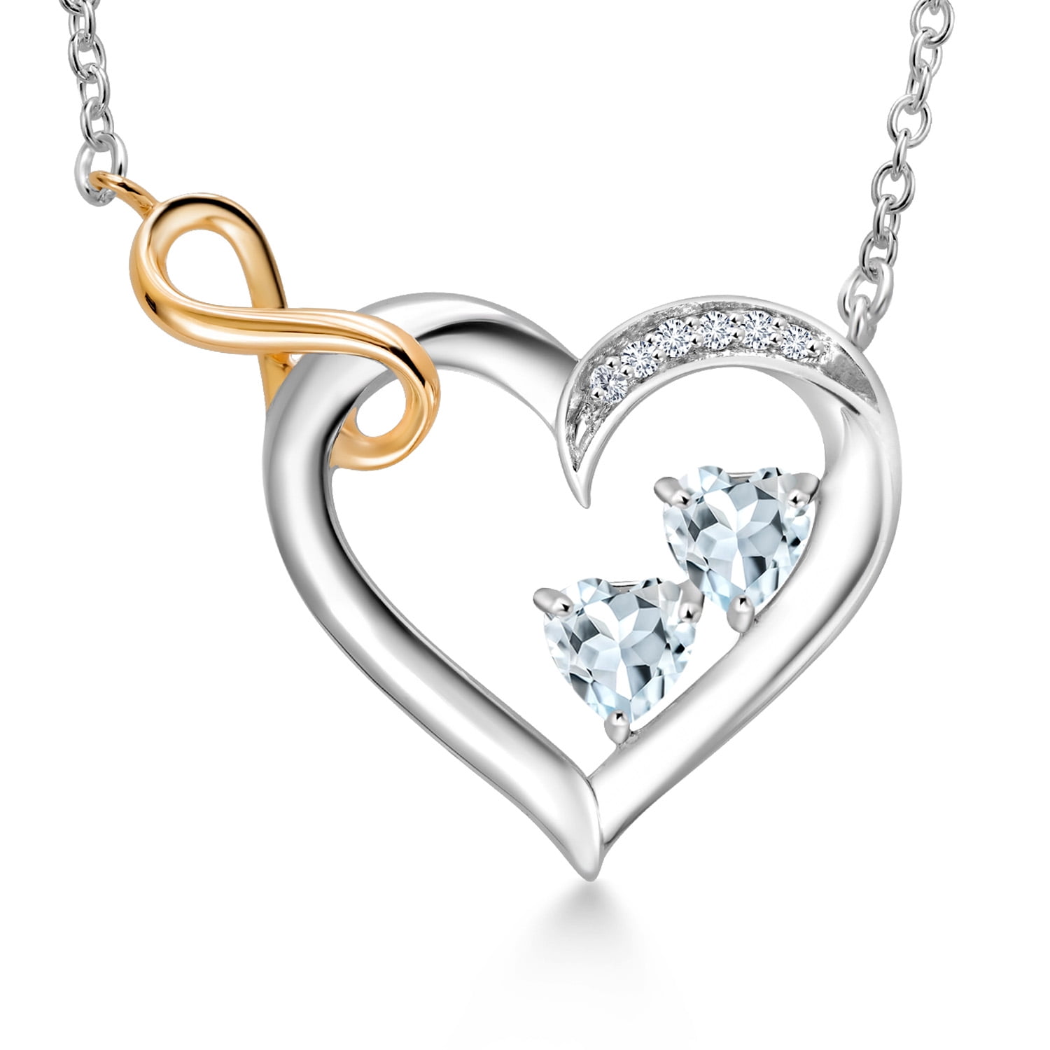Gem Stone King 925 Sterling Silver and 10K Yellow Gold Sky Blue Aquamarine and White Lab Grown Diamond Infinity Heart Pendant Necklace for Women (0.53 Cttw, Heart Shape 4MM, with 18 inch Chain)