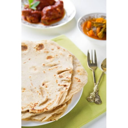 Chapatti Roti or Flat Bread, Curry Chicken and Dhal. Indian Food on Dining Table. Print Wall Art By