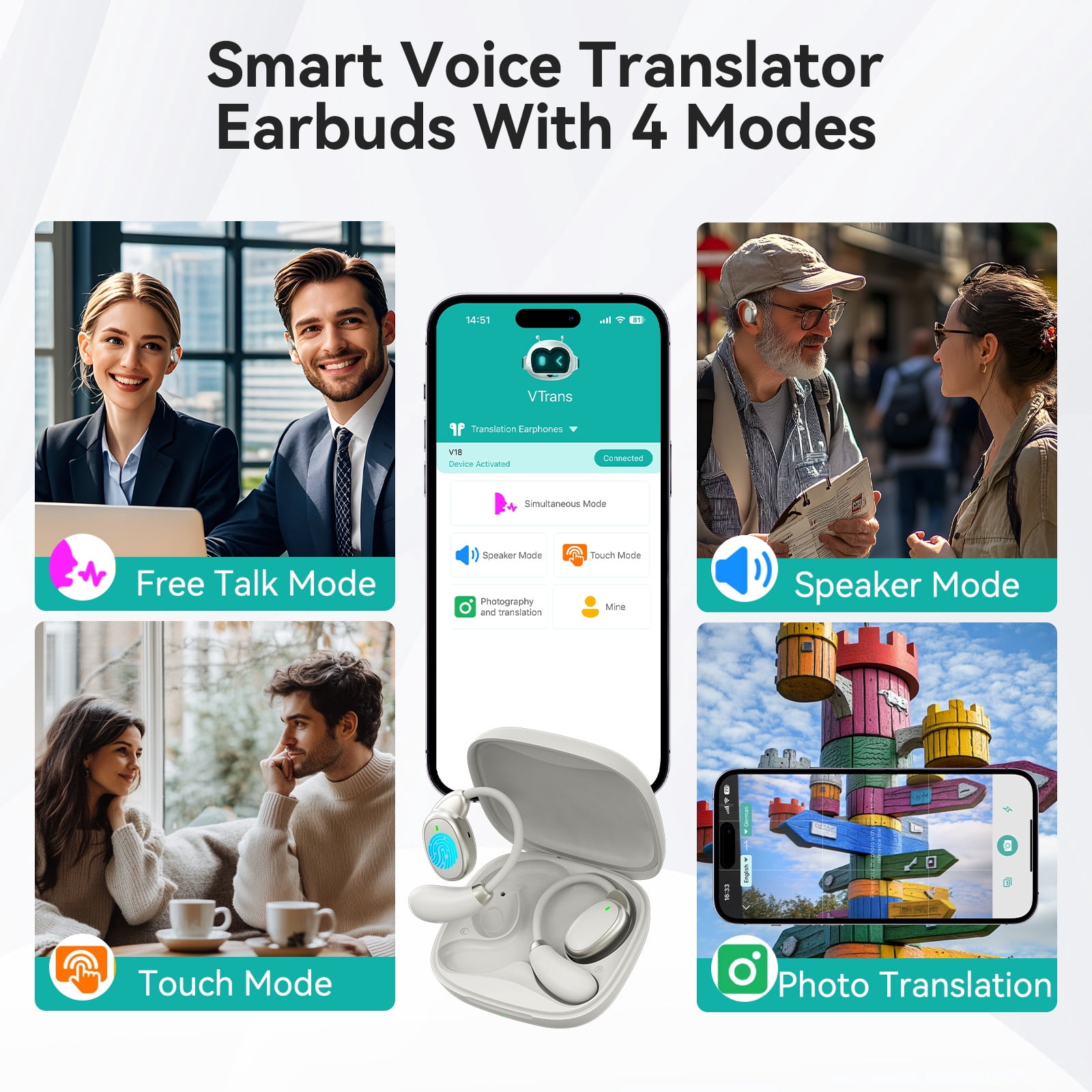 Real-time AI Earbuds Translator, 3-in-1 language translator headphones, Bluetooth 5.4|HIFI sport headset,150 Languages,English Spanish French Russian,Perfect for Business,Travel,Learn