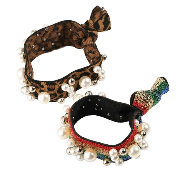2 bandas elásticas para el cabello con nudos de perlas artificiales de arcoíris y leopardo.