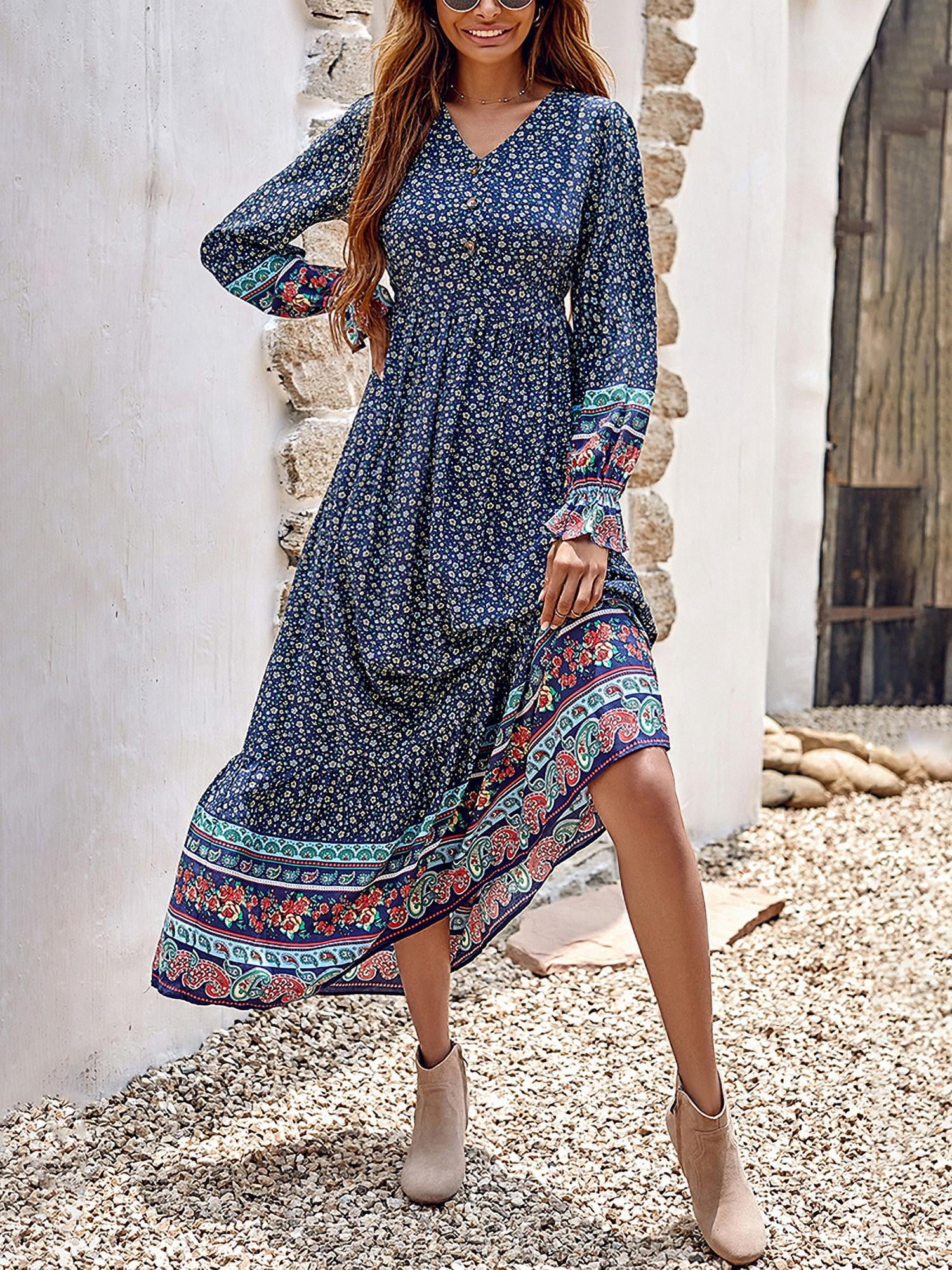 PRETTYGARDEN Women's Vintage Floral Printed Maxi Dress Bohemian Flowy  Vacation Dresses - Walmart.com