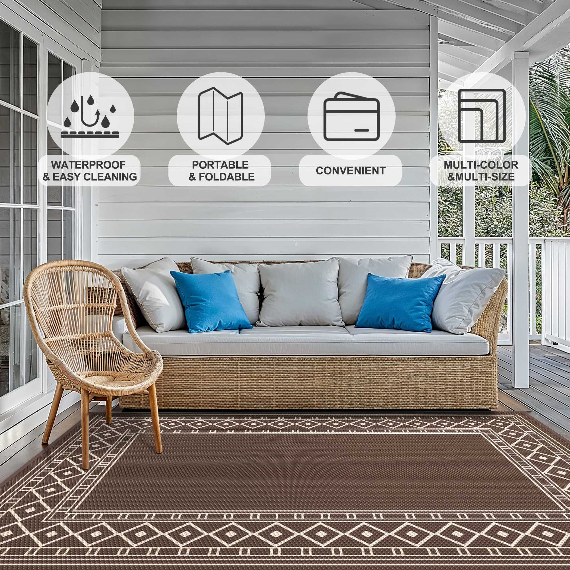 DEORAB 6'x9' Outdoor Rugs Waterproof Patio Reversible Plastic Carpet Camping Outside Mat,Coffee & Brown
