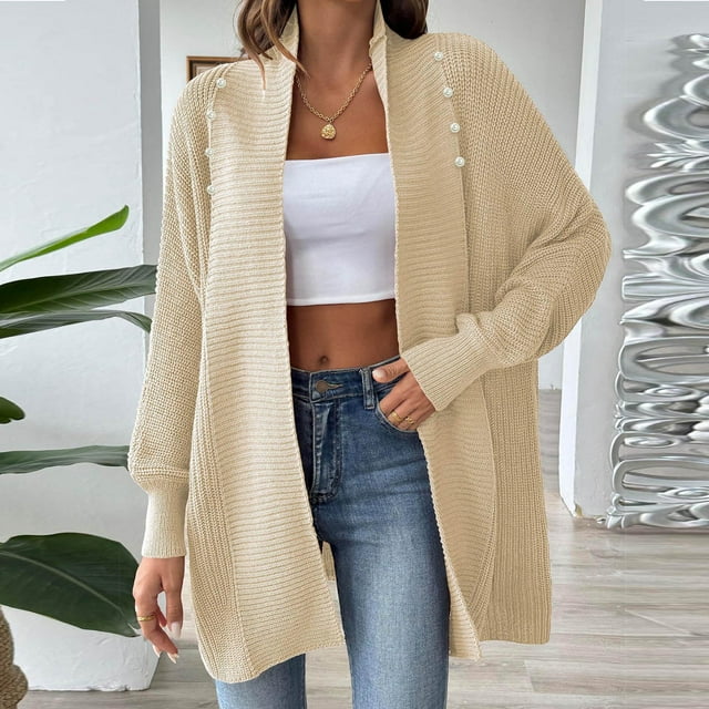 WRKEKC Women's Plus Size Oversized Cardigan Solid Color Open Front Long Sleeve Chunky Knit Sweater for Fall Winter Lounge Wear Beige Free Size