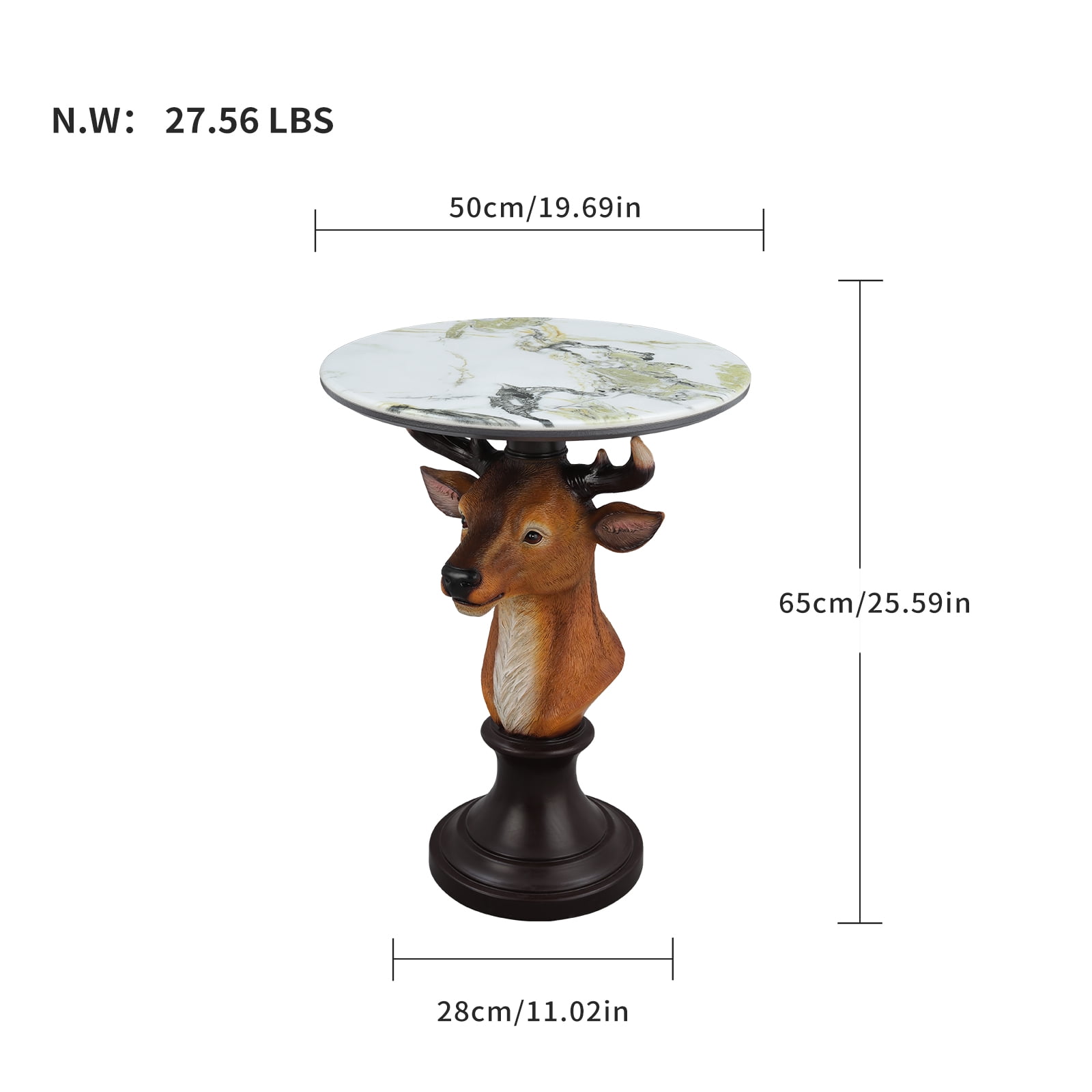 Deer Head Accent Table, Animal Statue End Table with Faux Marble Top, Resin Sculpture Side Table for Living Room, Cabin, Lodge, Rustic Decor, Brown