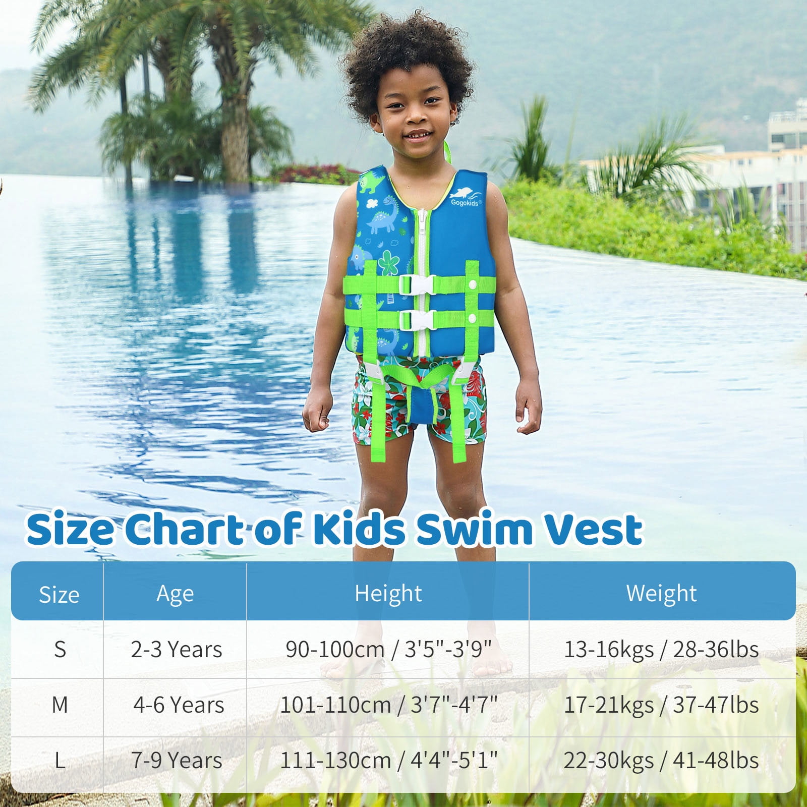 Gogokids Kids Swim Vest Life Jacket Flotation Swimming Aid with Adjustable Safety Strap Age 1-9 Years/22-50Lbs, Blue Dinosaur