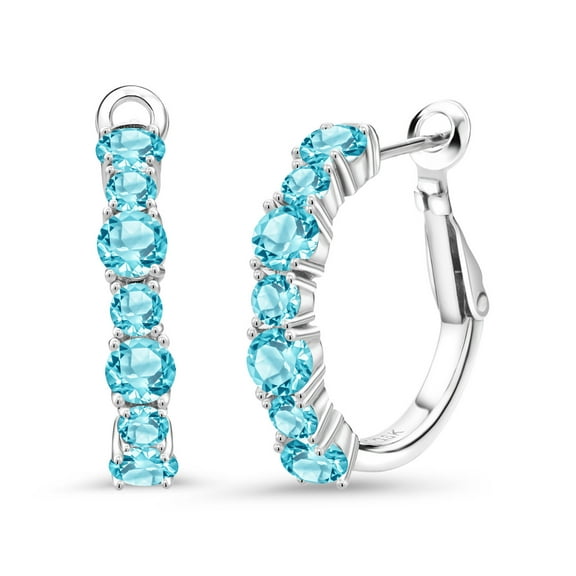 Gem Stone King 925 Sterling Silver Swiss Blue Topaz Hoop Earrings for Women (3.74 Cttw, Gemstone November Birthstone, Round 4MM and 3MM)