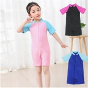 Kid Swimsuit Jumpsuit Short Sleeve Combined Color Conservative Swimwear for 1-7 Years Boys Girls Rose red L (4 ~ 5 years old)