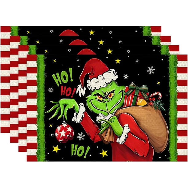 Manteles individuales Grinch, manteles individuales navideños, manteles de mesa Grinchmas, decoración navideña de invierno y Año Nuevo, adornos navideños para mesa de fiesta en casa