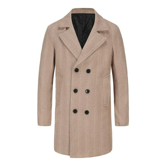 qolati Men's Wool Blend Winter Coat Classic Twill Notched Collar Double Breasted Pea Coat Lightweight Warm Trench Overcoat