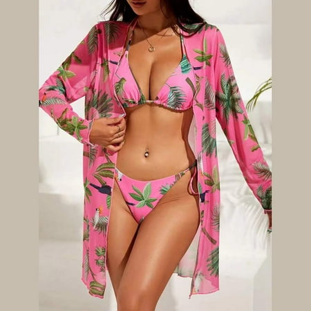 MSJUHEG Coverups for Bathing Suits Cute Coverups Bikini Beach Cover Up Floral High Stretch 3 Set Swimsuits Triangle Halter Tie Strap Bikini Mesh Cover Up Vacation Cover Ups for Women Red S