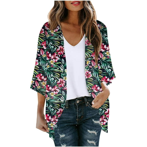 Kmdttou Women's Floral Print Puff Sleeve Cardigan Loose Cover Up Casual Blouse Tops Womens Fall Fashion