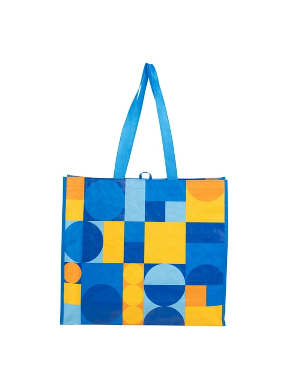 Reusable, Multi-Functional Wide Grocery Bag, Blue and Yellow Abstract Design