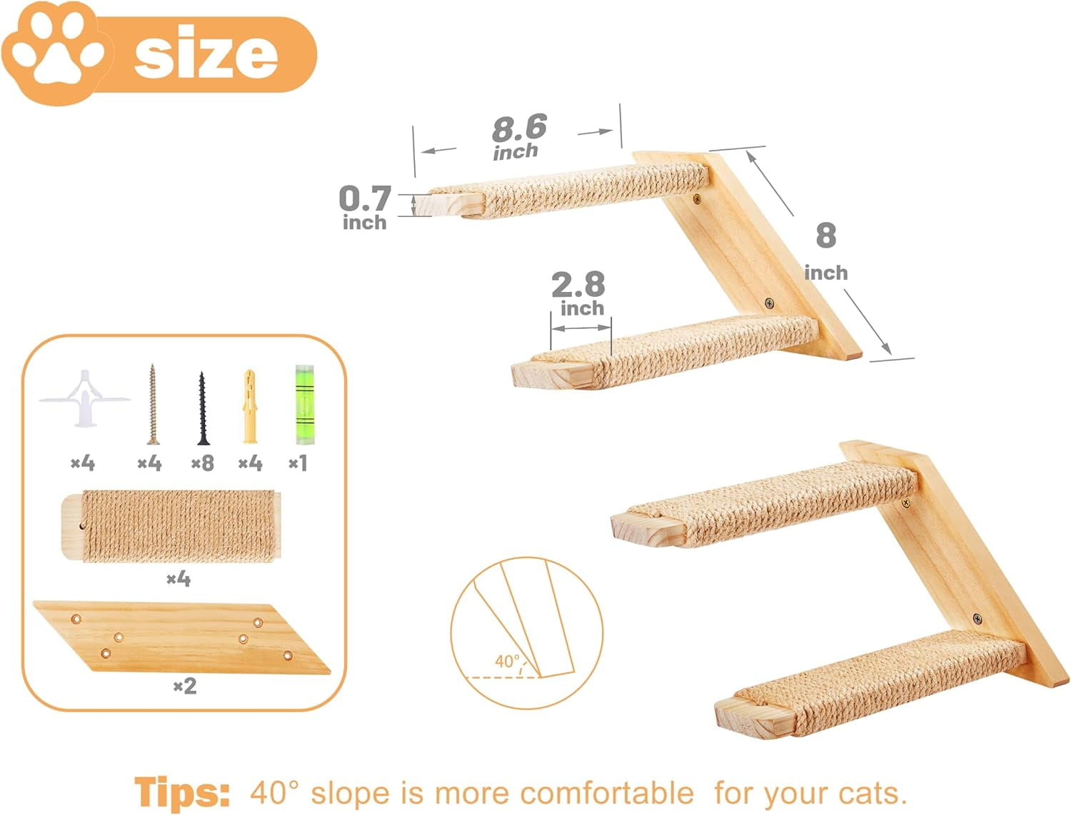 PELUOMOZ Wall Mounted Cat Ladder with Reversible Sisal Steps, Natural Wood Climbing Shelf
