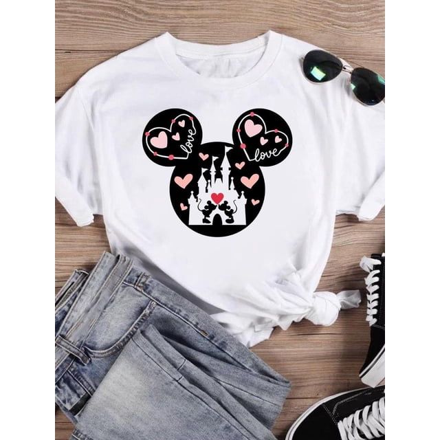 Disney Fashion Leopard Love Ear Trend Women Cartoon Print Clothing Mickey Mouse Tee Shirt Casual Graphic Short Sleeve T-shirtsXL Gao Jinjia LED