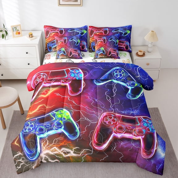 Gaming Comforter Set 7 Piece Bed in a Bag Twin,Gamer Bedding Sets Red Blue Lightning Sheet Set with Comforter Gamer Room Decor