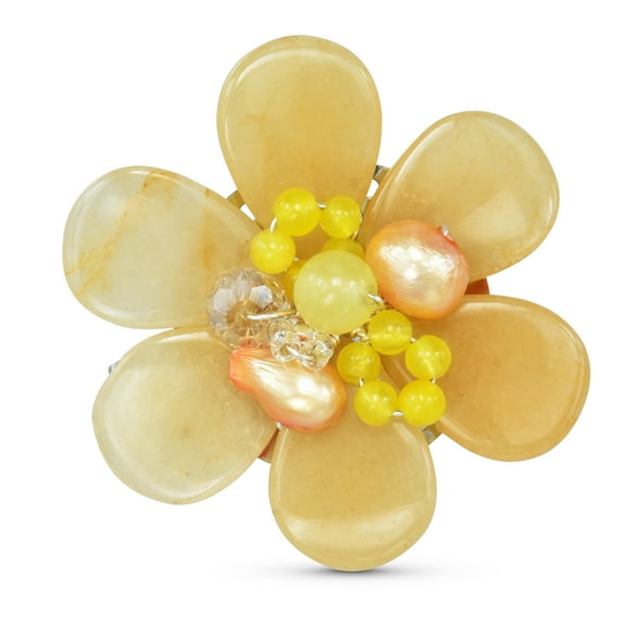 Colorful Daisy Flower Yellow Jade, Agate, Crystals, and Pearls Brooch Pin