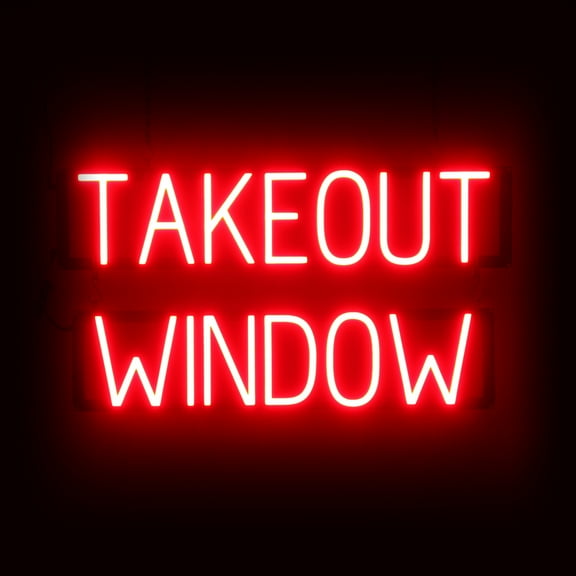 SpellBrite TAKEOUT WINDOW LED Sign for Business. 28.1" x 15" Red TAKEOUT WINDOW Sign Has Neon Sign Look With Energy Efficient LED Light Source. Visible from 500+ Feet, 8 Animation Settings.