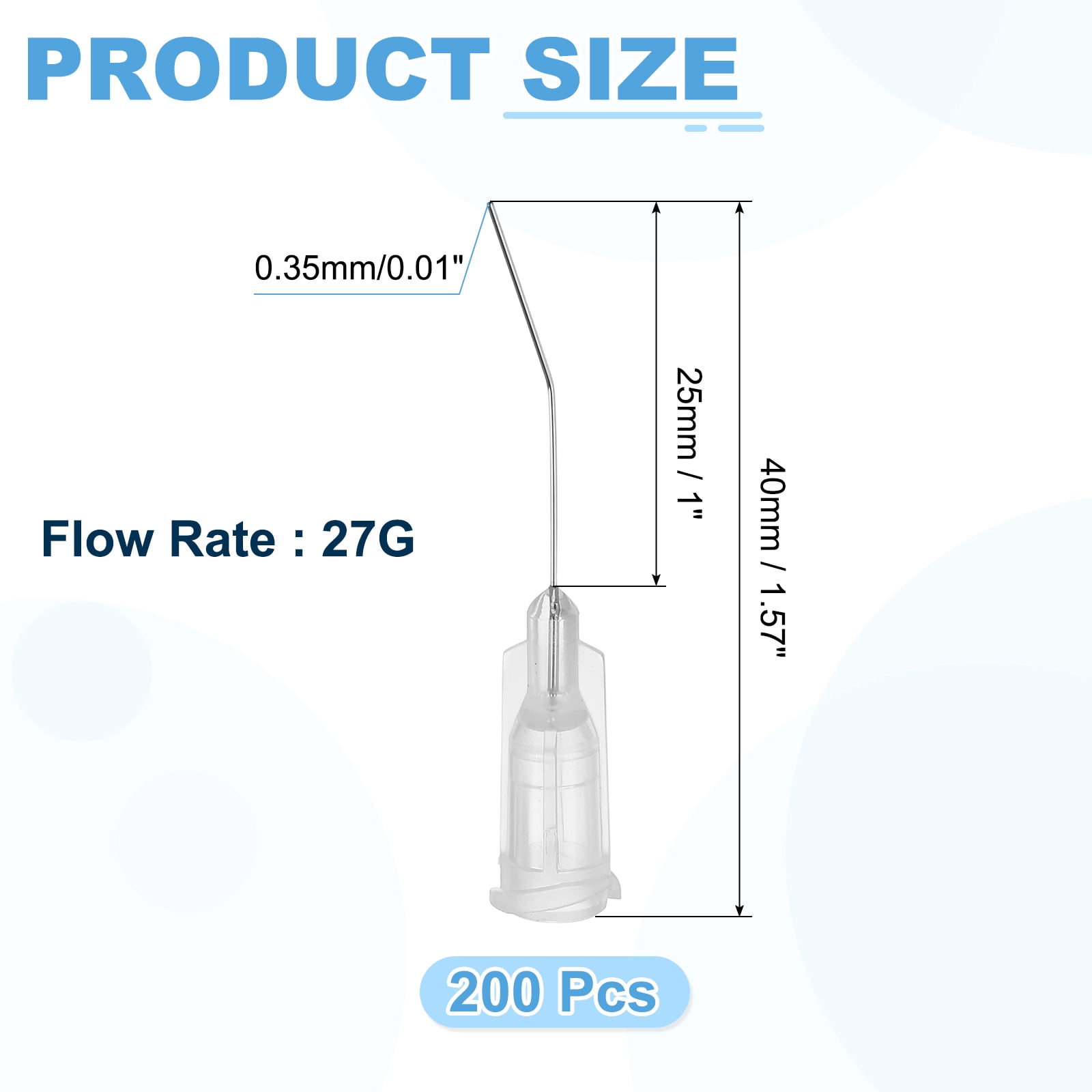 200 Pack Blunt Tip Dispensing Needles, 27Ga Gauge Stainless Steel 45 Degrees Bent Dispensing Tips with Luer Lock 1" End Angled Blunt Dispenser Needle, Transparent