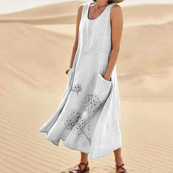GERsome Women's Cotton Linen Casual Loose Pockets Long Dress Plain Sleeveless Tank Dress