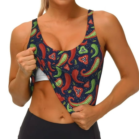 Qokaie Red Chili Pattern Womens Scoop Neck Sports Bra Breathable Workout Vest Padded U Back Medium Impact Fitness Gym Yoga Bra Workout Crop Top
