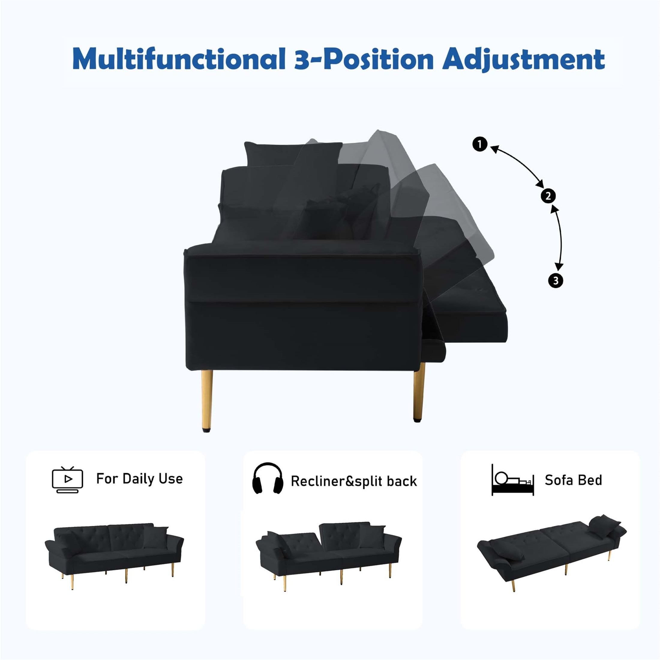 Aukfa 84" Wide Velvet Futon Convertible Sofa for Living Room, Folding Arm, 2 Pillows, Black