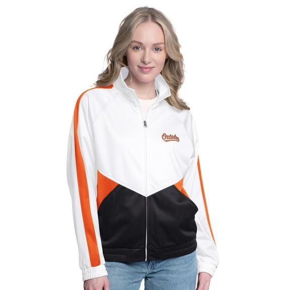 Women's-G-III Sports by Carl Banks  White/Orange Baltimore Orioles Rally Rhinestone Raglan Full-Zip Track Jacket