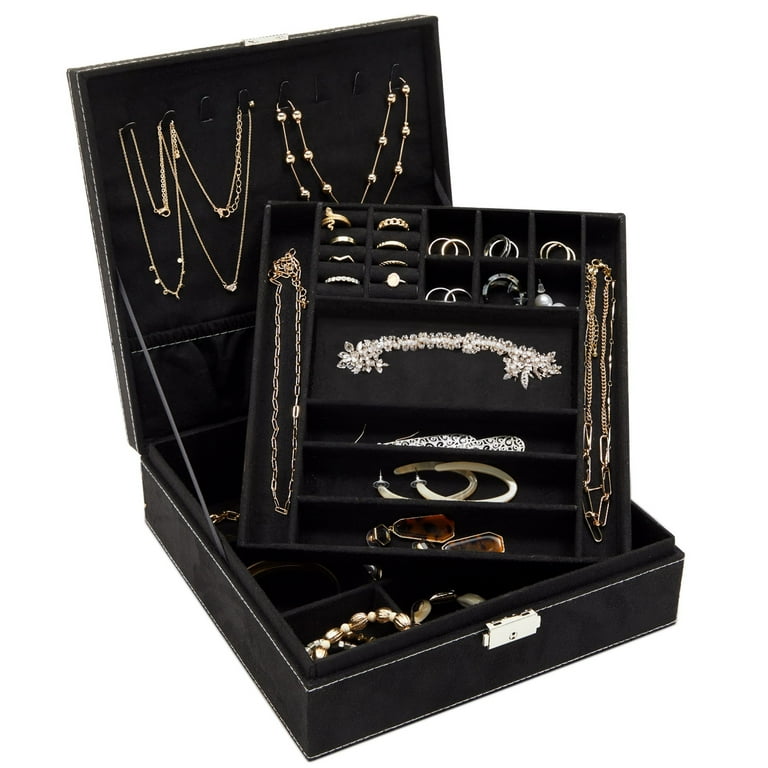  Velvet Jewelry Box Organizer - Lockable 2 Layer Travel Case,  Earrings Storage with Removable Tray for Women, Men (Black) : Clothing,  Shoes & Jewelry