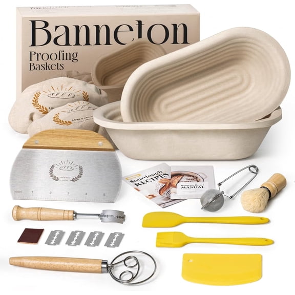 Non-Stick 10" Oval Wood Pulp Banneton Bread Proofing Basket Set Of 2, Sourdough Banneton Basket Kit, Bread Making Tool Sourdough Starter Kit with Proofing Bowl, Cover, Dough Whisk, Lame, Scraper