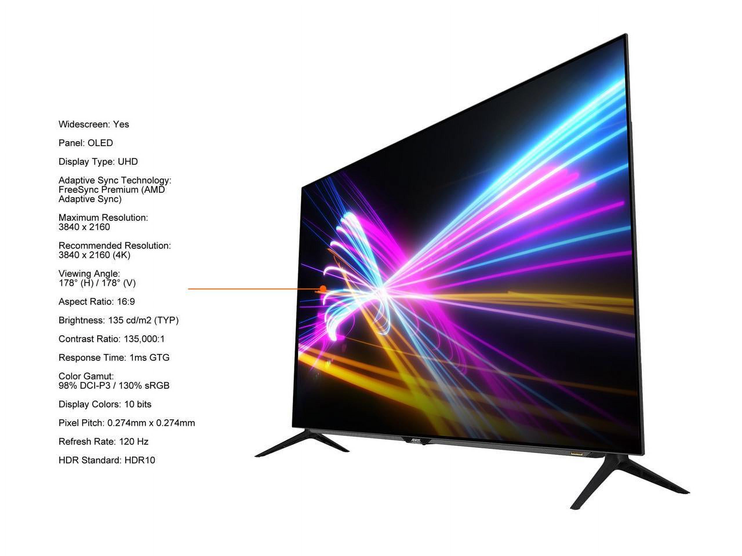 AORUS 47.53" (Viewable) 120 Hz OLED UHD Gaming Monitor FreeSync Premium (AMD Adaptive Sync) 3840 x 2160 (4K) 98% DCI-P3 / 130% sRGB 2 x HDMI, DisplayPort, USB, Earphone Jack FO48U