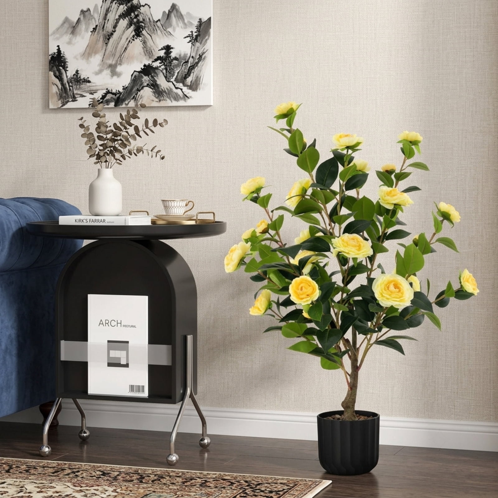 Vebreda Artificial Plant Decor, 38 Inch Artificial Camellia Tree Faux Flower Plant in Cement Pot, Gorgeous and Vivid Appearance