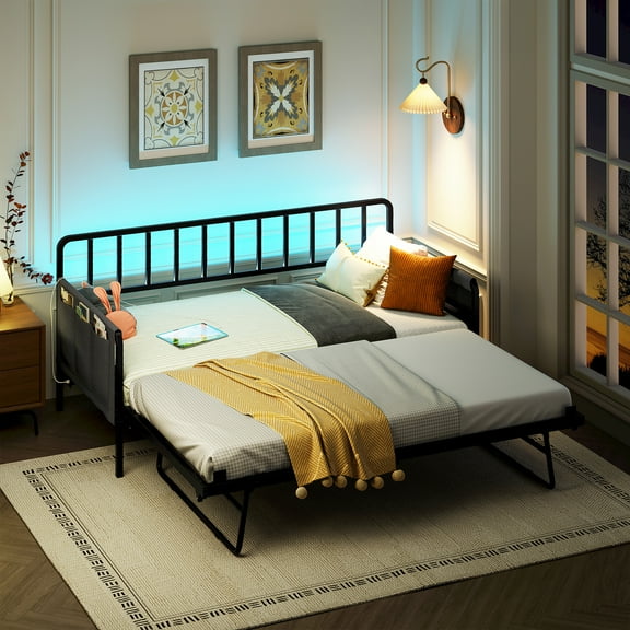 LIKIMIO Twin Daybed with Trundle, Features Charging Station and LED Light and Storage Side bags, Sturdy Metal Sofa Bed Frame for Living Room/Bedroom/Guest Room