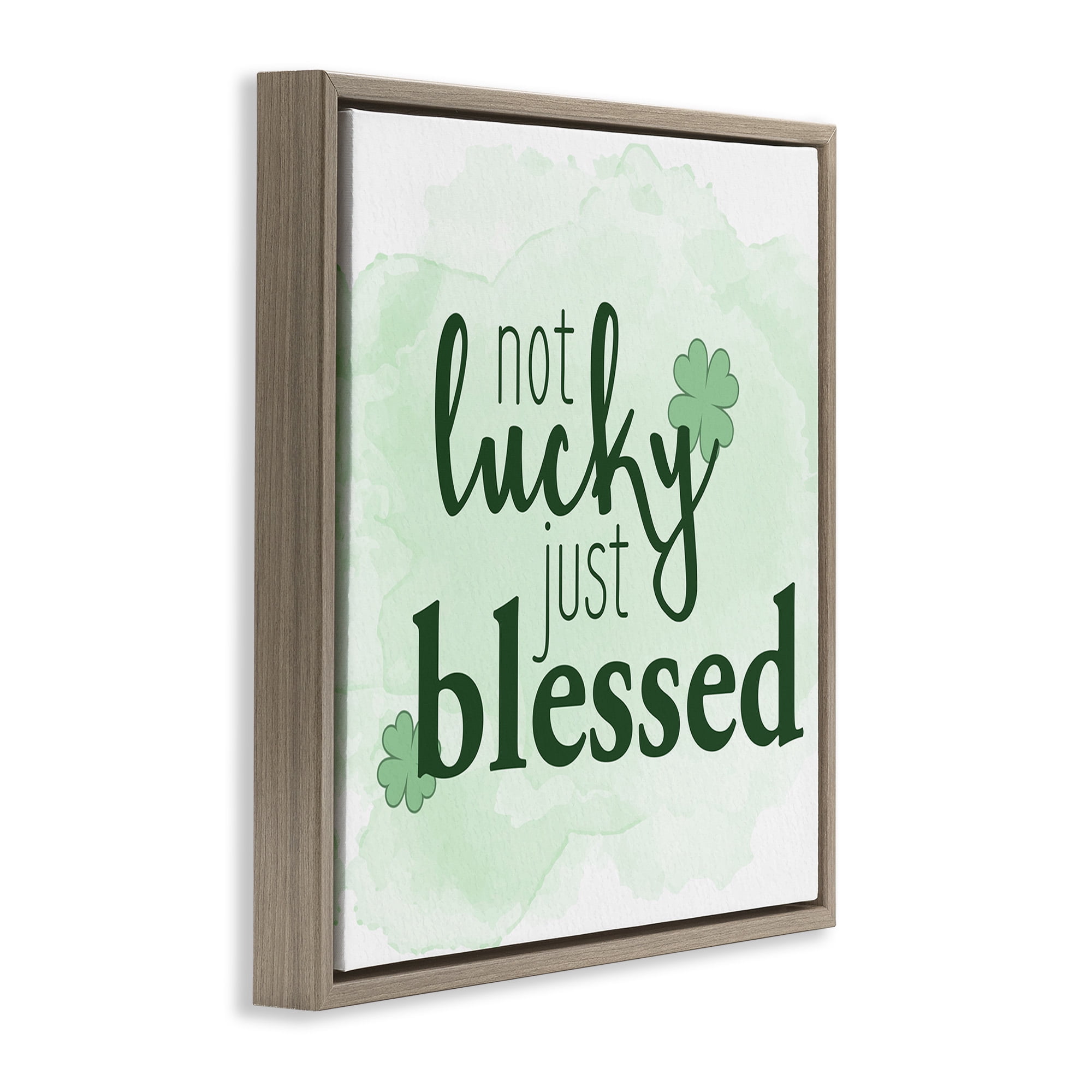 Stupell Industries Just Blessed Green Shamrocks Holiday Painting Brown Floater Framed Canvas Art Print Wall Art, 25 x 25