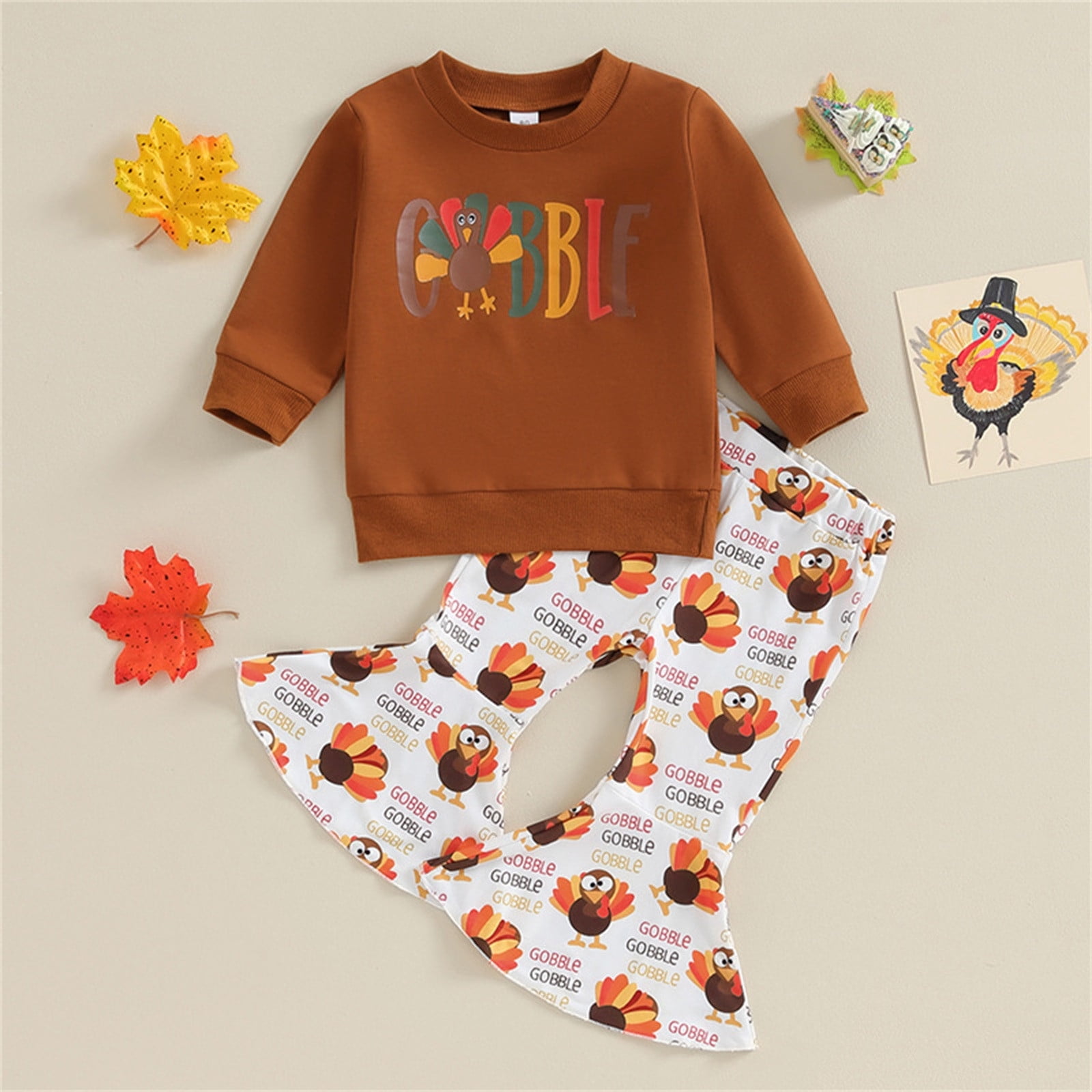 WeeBloom Thanksgiving Baby Girl Boy Outfit Kids Clothes Sweatshirt Sweater Top Turkey Pants Set Fall Winter Girls Outfits,Coffee 18-24 Months