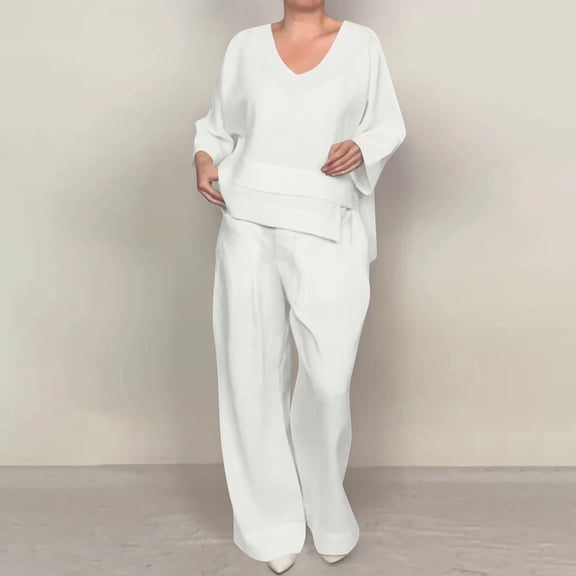 Summer Outfits for Women S-5xl V Neck Half Sleeve Blouse Matching Wide Leg Pants Loose Lightweight 2 Piece Sets