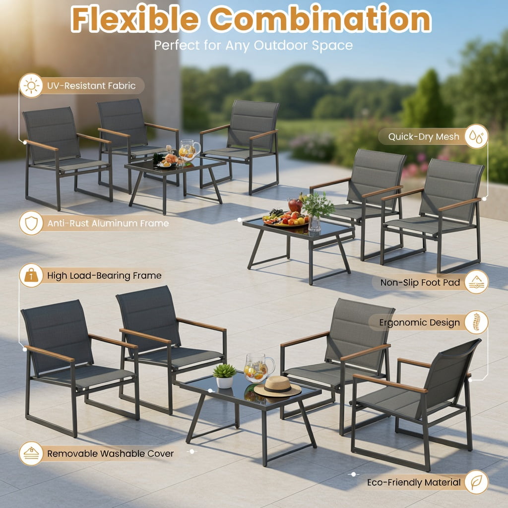Hommoo 4-Piece Modern Outdoor Patio Furniture Set, Loveseat, 2 Armchairs & Tempered Glass Coffee Table for Backyard, Poolside & Balcony, Gray