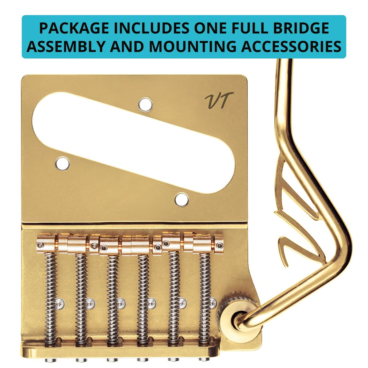 Vega-Trem VT2ND TeleTrem Classic Gold  No-Drill Tremolo for Telecaster-Style Guitars Classic 71 mm Layout, Patented 3-Pair Independent Brass Saddles, Tension-Adjustable