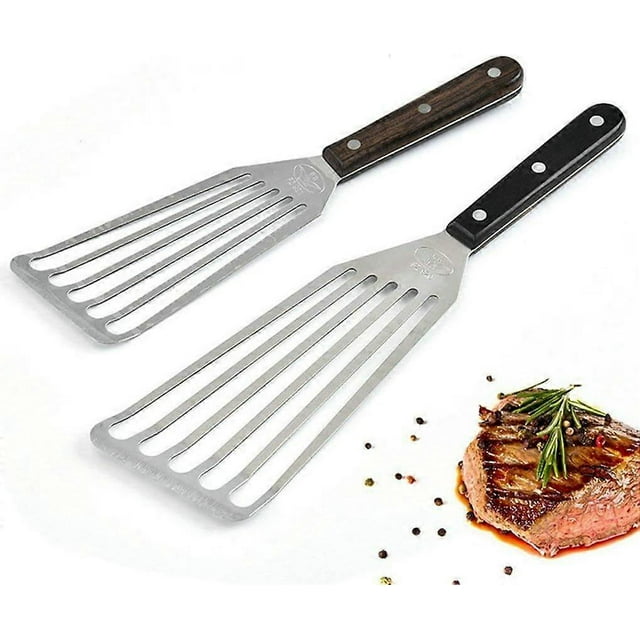 Fish Spatula, 2 pieces (11 inches and 12.5 inches), professional fish spatula, wooden handle, grill spatula, stainless steel fish spatula, non-stick f
