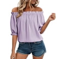 thumbnail image 2 of YVNAURA Womens Off Shoulder Puff Sleeve Blouse 2026 Summer Cute Loose Fit Smocked Top Lightweight Breathable Cotton Casual Short Sleeve Shirt Beach Vacation Going Out Daily Wear, Purple,XXL, 2 of 6
