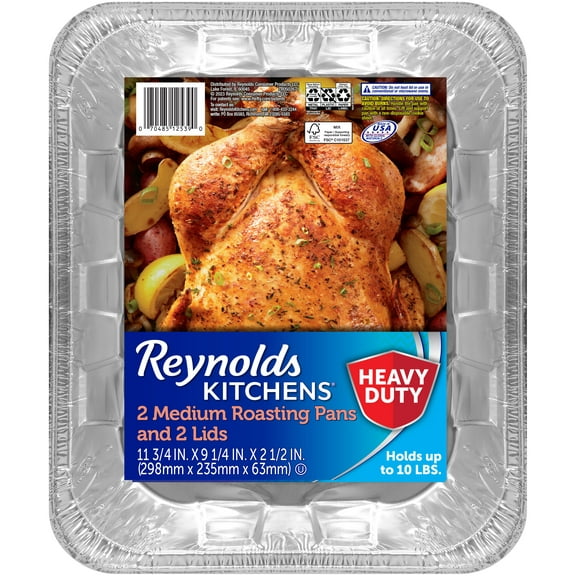 Reynolds Kitchens Heavy Duty Disposable Aluminum Roasting Pans with Lids, 11.75x9.25x2.5 Inches, 2 Count