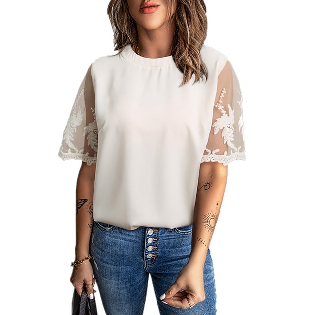 Txlixc Camiseta de Mujer, Verano Adulto Color sólido Encaje Manga Corta Cuello Redondo Blusa Mujer Tops Txlixc Moda