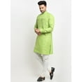 thumbnail image 5 of eloria Men's Traditional Solid Green Yoke Cotton Blend Thread Work Kurta Pyjama set, 5 of 7