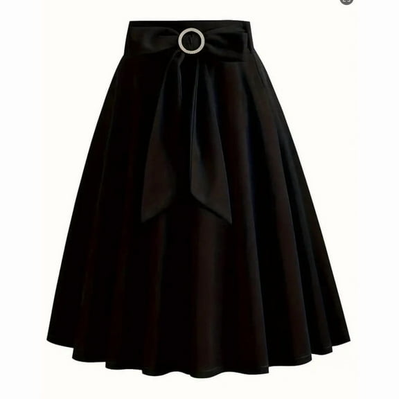 Women's Ruffle Midi Skirt Trendy High Waist A-Line Skirt with Belted Bow Tie Flowy Swing Elegant Vintage Wedding Guest Party Skirt