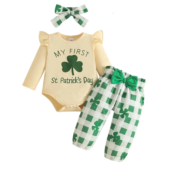WIBACKER My First St Patricks Day Baby Girl Outfits Newborn Long Sleeve Romper Lucky Clover Pants Headband Spring Green Clothes