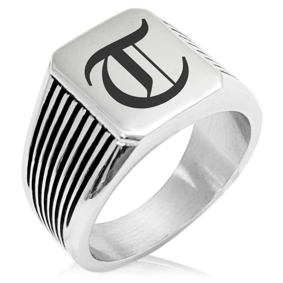 Stainless Steel Letter T Alphabet Initial Old English Monogram Needle Stripe Pattern Biker Style Polished Ring