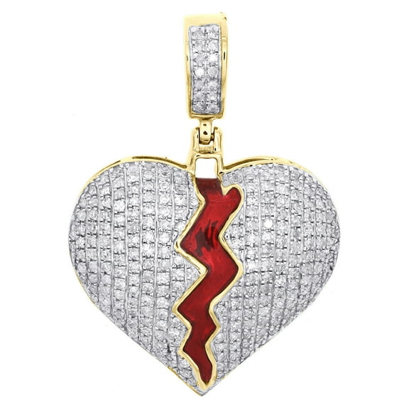 10K Yellow Gold Finish Round Diamond Broken Split Heart Pendant 1.20" Pave Charm 3/4 CT